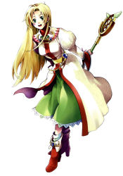 Rule 34 | 1girl, blonde hair, cecilia lynne adelhyde, dress, green eyes, long hair, official art, scan, solo, staff, wild arms, wild arms 1