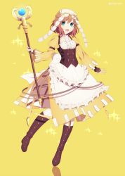 Rule 34 | 1girl, bad id, bad twitter id, blue eyes, boots, brown hair, corset, cosplay, crml orng, dress, fire emblem, fire emblem: path of radiance, fire emblem awakening, fire emblem heroes, full body, highres, holding, holding staff, knee boots, lissa (fire emblem), lissa (fire emblem) (cosplay), long sleeves, mist (fire emblem), nintendo, open mouth, short hair, simple background, solo, staff, twitter username, yellow background