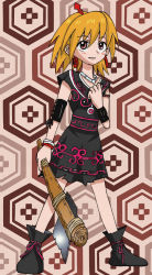 Rule 34 | 1girl, artist request, axe, blonde hair, brown eyes, dress, female focus, full body, jewelry, jomon period, looking at viewer, necklace, short hair, solo, standing, weapon