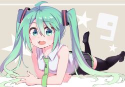 Rule 34 | 1girl, :d, ahoge, aki poi, black skirt, black thighhighs, blush, green eyes, green hair, green necktie, hair between eyes, hatsune miku, long hair, looking at viewer, lying, necktie, on stomach, open mouth, pleated skirt, shirt, skirt, sleeveless, sleeveless shirt, smile, solo, star (symbol), starry background, the pose, thighhighs, twintails, vocaloid
