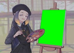 Rule 34 | 1girl, beret, black dress, black hat, collared shirt, commentary, dress, english commentary, fang, forehead, green screen, grey shirt, hair behind ear, half-closed eyes, hat, head tilt, highres, holding, holding palette, hololive, hololive english, long hair, mole, mole under eye, ninomae ina&#039;nis, ninomae ina&#039;nis (casual), open mouth, palette (object), purple hair, shirt, smile, smug, solo, template, vertigris, virtual youtuber