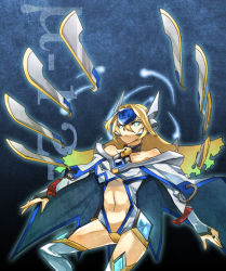 Rule 34 | 1girl, arc system works, bare shoulders, blade, blazblue, blonde hair, blue eyes, bridal gauntlets, cape, center opening, crotch plate, female focus, forehead protector, glowing, glowing eyes, halterneck, laio, long hair, mecha musume, midriff, mu-12, navel, robot ears, solo, thighhighs, tiara, white thighhighs