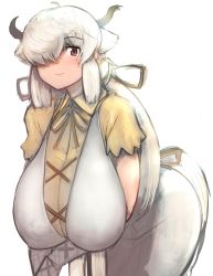 Rule 34 | 1girl, ahoge, alternate breast size, bent over, blush, breasts, brown eyes, brown neckwear, closed mouth, collared shirt, dress, extra ears, gloves, grey horns, hair over one eye, hair ribbon, hanging breasts, highres, horns, huge breasts, kemono friends, leaning forward, long hair, looking at viewer, ox ears, ox horns, ribbon, shibori kasu, shirt, sidelocks, simple background, sketch, smile, solo, standing, very long hair, white background, white dress, white hair, yak (kemono friends), yellow shirt