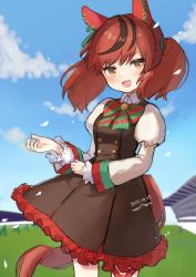 Rule 34 | 1girl, absurdres, animal ears, bow, bowtie, brown dress, brown hair, collared shirt, commentary request, cowboy shot, dress, frilled sleeves, frills, green bow, green bowtie, highres, horse ears, horse girl, horse tail, juliet sleeves, long sleeves, nice nature (umamusume), noamem, puffy sleeves, red bow, red bowtie, shirt, short hair, short twintails, solo, tail, twintails, two-tone neckwear, umamusume, white sleeves, yellow eyes