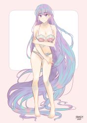Rule 34 | 1girl, absurdly long hair, absurdres, bikini, blush, braid, breasts, clam shell, commission, commissioner upload, embarrassed, fire emblem, fire emblem: the binding blade, fire emblem heroes, halterneck, highres, large breasts, long hair, looking at viewer, meisaki, midriff, navel, nintendo, purple eyes, purple hair, shell, shell bikini, signature, solo, sophia (fire emblem), swimsuit, very long hair