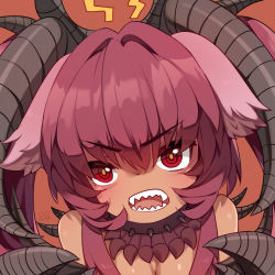Rule 34 | 1girl, absurdres, artist name, bandersnatch (black souls), bare shoulders, black collar, black horns, black souls, breasts, chinese commentary, cleavage, collar, dark-skinned female, dark skin, hair between eyes, hair intakes, highres, horns, long hair, multicolored hair, open mouth, orange background, pink hair, pupa jiang, purple hair, red eyes, ringed eyes, sharp teeth, sidelocks, simple background, solo, spiked collar, spikes, teeth, twintails, two-tone hair, upper body, v-shaped eyebrows, yellow pupils