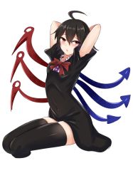 Rule 34 | 1girl, absurdres, arms behind head, arms up, asymmetrical wings, black dress, black hair, black thighhighs, blush, bow, bowtie, cropped legs, dress, hair between eyes, highres, houjuu nue, looking at viewer, medium hair, open mouth, red bow, red bowtie, red eyes, sitting, skindentation, solo, thighhighs, touhou, wings, wuwusan