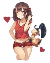 Rule 34 | 1girl, aozarigani, bad id, bad nicoseiga id, black panties, brown hair, creatures (company), cropped legs, game freak, gen 3 pokemon, hair bobbles, hair ornament, heart, long hair, mawile, navel, nintendo, o-ring, o-ring bottom, open clothes, open shorts, original, panties, pokemon, pokemon (creature), red eyes, short shorts, shorts, smile, thigh gap, underwear, unzipped, white background