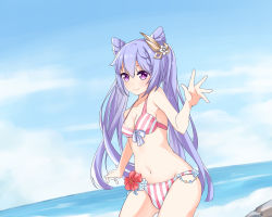 Rule 34 | 1girl, absurdres, bikini, blue sky, breasts, cleavage, genshin impact, highres, horizon, keqing (genshin impact), purple hair, sky, striped bikini, striped clothes, swimsuit