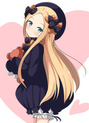 Rule 34 | 1girl, abigail williams (fate), aikawa ryou, black bow, black hat, blonde hair, blue eyes, blush, bow, commentary request, dress, fate/grand order, fate (series), forehead, hair bow, hat, highres, long hair, long sleeves, looking at viewer, orange bow, parted bangs, polka dot, polka dot bow, sleeves past fingers, sleeves past wrists, solo, stuffed animal, stuffed toy, teddy bear, very long hair