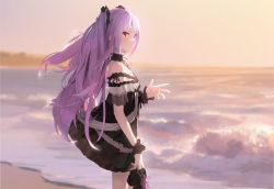 Rule 34 | 1girl, beach, black dress, black footwear, closed mouth, detached collar, dress, from side, highres, holding, holding shoes, hololive, logknn, long hair, looking at viewer, ocean, outdoors, pink hair, red eyes, shoes, unworn shoes, short dress, sideways glance, solo, uruha rushia, uruha rushia (3rd costume), very long hair, virtual youtuber, wrist cuffs