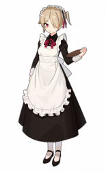 Rule 34 | 1girl, absurdres, aged down, apron, black dress, black footwear, bow, bowtie, brown hair, closed mouth, dress, full body, hair over one eye, highres, honkai (series), honkai impact 3rd, long sleeves, looking at viewer, maid, maid apron, maid headdress, purple bow, purple bowtie, purple eyes, rita rossweisse, shoes, short hair, simple background, solo, white background, white legwear, xiang he he qunzi