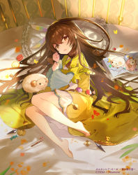 Rule 34 | barefoot, brown eyes, brown hair, candy, candy cane, checkerboard cookie, clenched hand, company name, cookie, dress, food, hayama eishi, highres, hortensia saga, indoors, looking at viewer, lying, macaron, official art, on bed, on side, picture book, pillow, puffy sleeves, sheep, solo, wrapped candy, yellow dress