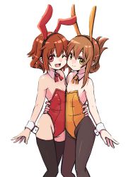 Rule 34 | 2girls, animal ears, black legwear, bow, bowtie, brown eyes, brown hair, commentary request, cowboy shot, detached collar, fake animal ears, flat chest, folded ponytail, ikazuchi (kancolle), inazuma (kancolle), kantai collection, leotard, long hair, multiple girls, neck ribbon, one eye closed, open mouth, pantyhose, playboy bunny, rabbit ears, rabbit tail, red eyes, red leotard, red neckwear, ribbon, short hair, simple background, smile, standing, strapless, strapless leotard, tail, thighhighs, unagiman, white background, wrist cuffs, yellow leotard, yellow neckwear