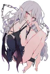 Rule 34 | 1girl, bare shoulders, barefoot, bat wings, black dress, blush, chain, commission, cuffs, dress, full body, grey hair, highres, long hair, looking at viewer, open mouth, original, otintin, pointy ears, red eyes, shackles, simple background, skeb commission, sleeveless, sleeveless dress, solo, strap slip, very long hair, white background, wings