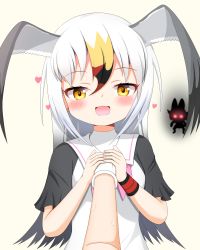 Rule 34 | 1other, 2girls, :d, absurdres, black-tailed gull (kemono friends), black hair, blonde hair, brown background, commentary request, dhole (kemono friends), dress, gloves, glowing, glowing eyes, grey hair, grey wings, head wings, heart, highres, kemono friends, long hair, multicolored hair, multiple girls, open mouth, red eyes, red hair, sailor collar, sailor dress, shin01571, short sleeves, silhouette, simple background, smile, solo focus, sweat, two-tone hair, very long hair, white dress, white gloves, white hair, white sailor collar, wings