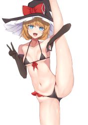 Rule 34 | 1girl, absurdres, arm around leg, bikini, black bikini, black gloves, blue eyes, blush, bow, bright pupils, commentary request, cookie (touhou), elbow gloves, feet out of frame, frilled bow, frills, gloves, hat, highres, ikikiksgiksg, kirisame marisa, looking at viewer, meguru (cookie), open mouth, red bow, short hair, simple background, smile, solo, split, standing, standing on one leg, standing split, swimsuit, touhou, v, white background, white pupils, witch hat
