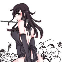 Rule 34 | 1girl, absurdres, arms behind back, ass, back, bare back, bare shoulders, bdsm, blush, bondage, bottomless, bound, chain, chained, collarbone, danganronpa (series), danganronpa 2: goodbye despair, detached sleeves, frilled sleeves, frills, highres, kneeling, leash, lingerie, long eyelashes, long hair, looking at viewer, no panties, purple eyes, purple hair, scar, simple background, slave, tally, tsumiki mikan, underwear, white background