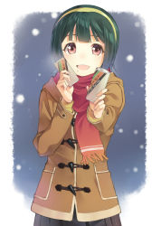 Rule 34 | 1girl, :d, can, coat, green hair, hairband, holding, idolmaster, idolmaster (classic), looking at viewer, mole, mole under mouth, open mouth, otonashi kotori, red eyes, revision, scarf, short hair, skirt, smile, snowing, solo, t-okada, toggles