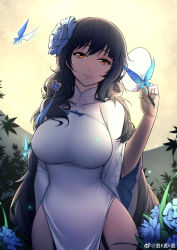 Rule 34 | 1girl, backlighting, black hair, breasts, brown eyes, bug, butterfly, closed mouth, dress, elbow gloves, fingerless gloves, flower, full moon, garter straps, girls&#039; frontline, gloves, hair flower, hair ornament, hand fan, highres, insect, kira (artist), large breasts, lips, long hair, looking at viewer, moon, official alternate costume, outdoors, paper fan, pelvic curtain, side slit, smile, solo, turtleneck, type 95 (girls&#039; frontline), type 95 (narcissus) (girls&#039; frontline), uchiwa, very long hair, weibo watermark, white dress