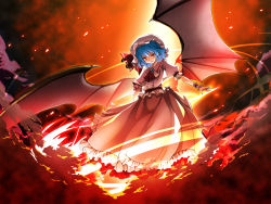 Rule 34 | &gt;:), 1girl, ascot, backlighting, bat wings, blue hair, female focus, fire, frilled skirt, frills, hat, jewelry, large wings, long skirt, open mouth, outstretched arms, puffy short sleeves, puffy sleeves, red eyes, remilia scarlet, short hair, short sleeves, skirt, smile, smoke, solo, spear the gungnir, spread arms, sukuna (artist), touhou, v-shaped eyebrows, wings, wrist cuffs
