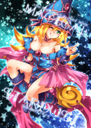 Rule 34 | 1girl, absurdres, bare shoulders, blonde hair, blue footwear, blush, blush stickers, boots, breasts, choker, cleavage, commentary request, dark magician girl, duel monster, green eyes, hat, highres, large breasts, long hair, looking at viewer, mugicha (sukimachaya), pentacle, smile, solo, staff, wizard hat, yu-gi-oh!