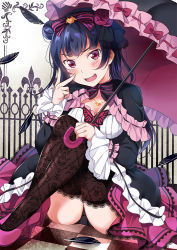 Rule 34 | 1girl, black feathers, black panties, black thighhighs, blue hair, blush, bow, bowtie, checkered floor, dress, feathers, flower, frilled sleeves, frilled umbrella, frills, gothic lolita, hair bow, hair bun, hair flower, hair ornament, high heels, holding, holding umbrella, knees up, lace, lace-trimmed legwear, lace trim, lolita fashion, long hair, long sleeves, looking at viewer, love live!, love live! school idol festival, love live! sunshine!!, on floor, open mouth, panties, pantyshot, pink footwear, purple eyes, ribbon trim, side bun, single side bun, sitting, solo, striped bow, striped bowtie, striped clothes, striped neckwear, thighhighs, tipii, tsushima yoshiko, umbrella, underwear, v over eye