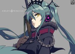 Rule 34 | 1girl, ansatu princess (vocaloid), aqua hair, artist logo, artist name, black coat, brown gloves, buckle, chain, coat, commentary request, fur-trimmed coat, fur trim, gloves, grey background, gun, hair between eyes, hatsune miku, long hair, looking at viewer, pairan, parted lips, simple background, solo, song name, tiara, twintails, upper body, vocaloid, weapon, weapon on back, yellow eyes