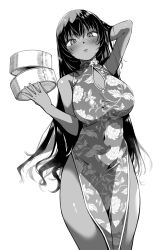 Rule 34 | 1girl, black hair, blush, breasts, china dress, chinese clothes, cleavage, cleavage cutout, clothing cutout, covered navel, cropped legs, dark skin, dress, floral print, food, greyscale, hand in own hair, highres, holding, holding food, large breasts, long hair, looking at viewer, monochrome, original, parted lips, pelvic curtain, print dress, simple background, sleeveless, sleeveless dress, solo, tan, thighs, white background, yuu (kfc)