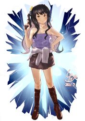 Rule 34 | bare shoulders, black hair, boots, clothes around waist, collarbone, cosplay, gun, highres, holding, holding gun, holding weapon, jill valentine, jill valentine (cosplay), kantai collection, ld (luna dial398), long hair, miniskirt, multicolored hair, naganami (kancolle), pink hair, shirt, skirt, strapless, strapless shirt, sweater, sweater around waist, two-tone hair, weapon, yellow eyes