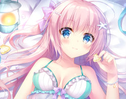 Rule 34 | 1girl, bare arms, bare shoulders, bed sheet, blue eyes, blush, bow, bra, bracelet, breasts, closed mouth, collarbone, commentary request, frilled bra, frills, hair between eyes, hair bow, hand up, holding, jewelry, kohinata hoshimi, lantern, long hair, looking at viewer, medium breasts, one side up, original, pearl bracelet, pillow, pink hair, purple bow, seashell, shell, smile, solo, starfish hair ornament, striped, striped bow, underwear, upper body, white bra