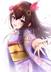Rule 34 | 1girl, blue eyes, brown hair, floral print, floral print kimono, flower, hair flower, hair ornament, highres, hololive, japanese clothes, kimono, long hair, looking at viewer, moezi, official alternate costume, open mouth, outstretched hand, pink kimono, smile, solo, star (symbol), star hair ornament, tokino sora, tokino sora (new year), virtual youtuber, white background