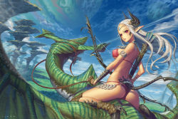 Rule 34 | 1girl, armlet, arrow (projectile), ass, bare shoulders, bikini, blue sky, blush, bow (weapon), breasts, brown gloves, circlet, cloud, day, demon girl, demon horns, demon tail, dragon, covered erect nipples, fantasy, fingerless gloves, fletches, floating hair, from behind, gem, gloves, holding, holding weapon, horns, large breasts, light smile, long hair, looking back, original, outdoors, parted lips, plant, pointy ears, quiver, red bikini, red eyes, riding, blue gemstone, scales, scenery, sharp teeth, sideboob, silver hair, sinad aruatjanapat, sitting, sky, solo, straddling, strap gap, swimsuit, tail, teeth, upright straddle, very long hair, weapon