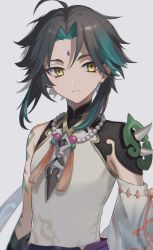 Rule 34 | 1boy, ahoge, arm tattoo, armor, asymmetrical clothes, bead necklace, beads, black hair, closed mouth, detached sleeves, diamond-shaped pupils, diamond (shape), eyeshadow, facial mark, forehead mark, genshin impact, green hair, grey background, highres, jewelry, looking at viewer, makeup, male focus, multicolored hair, necklace, parted bangs, pendant, red eyeshadow, short hair, short hair with long locks, shoulder armor, shoulder pads, shoulder spikes, sidelocks, simple background, single bare shoulder, single detached sleeve, slit pupils, solo, spikes, symbol-shaped pupils, tassel, tattoo, two-tone hair, unapyo 00, white background, xiao (genshin impact), yellow eyes