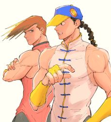 Rule 34 | 2boys, amagayu0104, baseball cap, braid, brothers, brown hair, chinese clothes, hat, highres, male focus, multiple boys, shirt, siblings, sleeveless, sleeveless shirt, street fighter, street fighter iii (series), white background, yang lee, yun lee