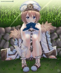 Rule 34 | 1girl, ankle ribbon, ass, bare legs, bare shoulders, blanc (neptunia), blue eyes, blush, book, brown hair, cameltoe, coat, unworn coat, dress, full body, fur-trimmed coat, fur trim, hair between eyes, hat, helvetica std, highres, holding, holding book, knees up, leg ribbon, light rays, looking at viewer, medium hair, neptune (series), on grass, on ground, open mouth, outdoors, panties, pantyshot, ribbon, signature, sitting, solo, spaghetti strap, sunset, underwear, white dress, white panties, white ribbon