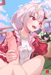 Rule 34 | 1boy, 2girls, artist logo, artist name, blue sky, braid, breasts, cellphone, chibi, chibi inset, clothed female nude male, commentary, dr-alu, english commentary, erection, eyelashes, gradient hair, grey hair, handjob, hetero, holding, holding phone, hololive, horns, jacket, large penis, multicolored hair, multiple girls, nail polish, nakiri ayame, nakiri ayame (7th costume), nude, official alternate costume, official alternate hairstyle, oni, ookami mio, ookami mio (1st costume), open clothes, open jacket, open mouth, outdoors, penis, phone, pink hair, pink nails, red eyes, red hair, red jacket, shadow, shirt, sidelocks, sky, small breasts, smartphone, streaked hair, talking on phone, teeth, track jacket, twin braids, uncensored, upper teeth only, virtual youtuber, watermark, web address, white shirt