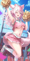 Rule 34 | 1girl, alternate costume, animal ear fluff, animal ears, antenna hair, blue sky, breasts, cheerleader, cloud, cropped shirt, hakui koyori, hexagon hair ornament, highres, holding, holding pom poms, hololive, large breasts, looking at viewer, minoriminoru0, navel, one eye closed, open mouth, pink footwear, pink hair, pink shirt, pink skirt, pom pom (cheerleading), pom poms, purple eyes, shirt, shoes, skirt, sky, smile, sneakers, socks, solo, tail, underboob, virtual youtuber, white socks, wolf ears, wolf girl, wolf tail