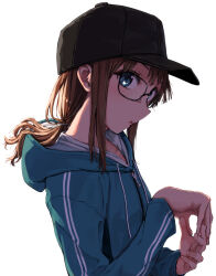 Rule 34 | 1girl, :o, baseball cap, black-framed eyewear, black hat, brown hair, commentary, drawstring, english commentary, from side, glasses, hair flowing over, hair tie, hat, highres, hood, hooded track jacket, jacket, looking to the side, low ponytail, mixed-language commentary, original, own hands together, purple eyes, ryuunosuke (luckyneco), sidelocks, solo, track jacket