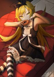 Rule 34 | 1girl, armpit crease, bakemonogatari, bare shoulders, black dress, blonde hair, bow, bow hairband, couch, crossed legs, doughnut, dress, eating, fang, feet out of frame, female focus, food, frilled dress, frills, hair bow, hair flaps, hair ribbon, hairband, highres, long hair, looking at viewer, monogatari (series), myuga66666, nisemonogatari, on couch, oshino shinobu, pointy ears, ribbon, skin fang, solo, striped clothes, striped thighhighs, thighhighs, yellow eyes