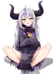 Rule 34 | 1girl, absurdres, ahoge, amato 0321, ankle cuffs, ascot, bare legs, black dress, black horns, blush, braid, braided bangs, brown eyes, collar, covering privates, covering crotch, demon girl, demon horns, dress, eyelashes, fang, full body, grey hair, grey socks, highres, hololive, horns, knees apart feet together, la+ darknesss, la+ darknesss (1st costume), legs, long hair, long sleeves, looking at viewer, metal collar, multicolored hair, no shoes, on ground, open mouth, oversized clothes, pointy ears, purple hair, purple horns, shadow, sidelocks, simple background, sitting, skin fang, sleeves past fingers, sleeves past wrists, socks, solo, streaked hair, striped horns, thighs, very long hair, virtual youtuber, wide sleeves, yellow ascot