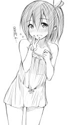Rule 34 | 1girl, bare arms, bare shoulders, blush, cowboy shot, dress, embarrassed, flying sweatdrops, greyscale, hair between eyes, highres, looking at viewer, monochrome, one side up, open mouth, original, short dress, short hair, simple background, sketch, solo, standing, suzunari shizuku, translated, v, wavy mouth, white background, yuki arare