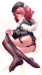 Rule 34 | 1girl, absurdres, beret, black legwear, blush, bra, breasts, candy, commission, food, full body, fur trim, girls&#039; frontline, hat, highres, lollipop, medium breasts, mp7 (girls&#039; frontline), off shoulder, panties, pantyshot, pengrani, red hair, side ponytail, solo, thighs, toes, unbuttoned, underwear, undressing, yellow eyes