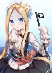Rule 34 | 1girl, abigail williams (fate), abigail williams (festival outfit) (fate), bad id, bad pixiv id, black dress, blonde hair, blue background, blue eyes, blush, braid, butterfly hair ornament, collared shirt, commentary request, dress, fate/grand order, fate (series), forehead, gradient background, hair ornament, heart, heroic spirit festival outfit, highres, holding, long hair, long sleeves, looking at viewer, official alternate costume, parted bangs, parted lips, shirt, sidelocks, sleeveless, sleeveless dress, sleeves past fingers, sleeves past wrists, solo, stuffed animal, stuffed toy, teddy bear, torokeru none, very long hair, white shirt