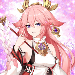Rule 34 | 1girl, animal ears, artist name, bare shoulders, breasts, cen (cenll), cherry blossoms, collarbone, commentary request, dated, detached sleeves, earrings, floppy ears, fox ears, genshin impact, gohei, hair between eyes, hair ornament, highres, holding, japanese clothes, jewelry, long hair, looking at viewer, low-tied long hair, medium breasts, nontraditional miko, obiage, obijime, parted lips, pendant, pink hair, pink lips, portrait, purple background, purple eyes, ribbon-trimmed sleeves, ribbon trim, shirt, sideboob, signature, sleeveless, sleeveless shirt, smile, solo, star (symbol), vision (genshin impact), white shirt, wide sleeves, yae miko