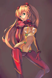 Rule 34 | 00s, 1girl, blue eyes, bodysuit, brown hair, curvy, diet sence, evangelion: 2.0 you can (not) advance, hand on thigh, lips, long hair, multicolored clothes, neon genesis evangelion, plugsuit, rebuild of evangelion, red bodysuit, see-through, see-through bodysuit, shiny clothes, simple background, solo, souryuu asuka langley, test plugsuit, very long hair, wide hips
