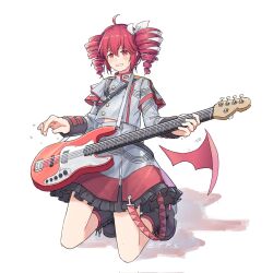 Rule 34 | 1girl, ahoge, black footwear, boots, drill hair, electric guitar, frilled skirt, frills, frontiersun, grey jacket, grey skirt, grin, guitar, highres, holding, holding instrument, instrument, jacket, kasane teto, kasane teto (sv), kneeling, long sleeves, looking at viewer, multicolored hair, pink eyes, pink hair, simple background, skirt, smile, solo, streaked hair, synthesizer v, twin drills, utau, white background