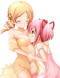 Rule 34 | 10s, 2girls, ass, bare shoulders, blonde hair, breast press, breasts, cleavage, closed eyes, drill hair, highres, kaname madoka, large breasts, looking at another, looking up, mahou shoujo madoka magica, mahou shoujo madoka magica (anime), multiple girls, nightgown, open clothes, pink hair, short hair, short twintails, smile, tomoe mami, twin drills, twintails, yellow eyes, yoshimo, yuri