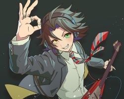 Rule 34 | 1boy, black hair, commentary request, green eyes, grin, guitar, hair between eyes, headphones, heterochromia, holding, holding instrument, hypnosis mic, instrument, jacket, jewelry, long sleeves, looking at viewer, male focus, mole, mole under eye, mole under mouth, necktie, ok sign, open clothes, open jacket, ring, shirt, simple background, smile, solo, striped, striped necktie, yamada jiro, yellow eyes, yoruhachi