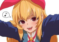 Rule 34 | 1girl, :d, aikatsu!, aikatsu! (series), blonde hair, blood, blood on face, blue jacket, blush, bow, fangs, hair bow, highres, hoshimiya ichigo, jacket, long hair, long sleeves, looking at viewer, musical note, open mouth, osame, red bow, red eyes, sanpaku, simple background, smile, solo, spoken musical note, white background